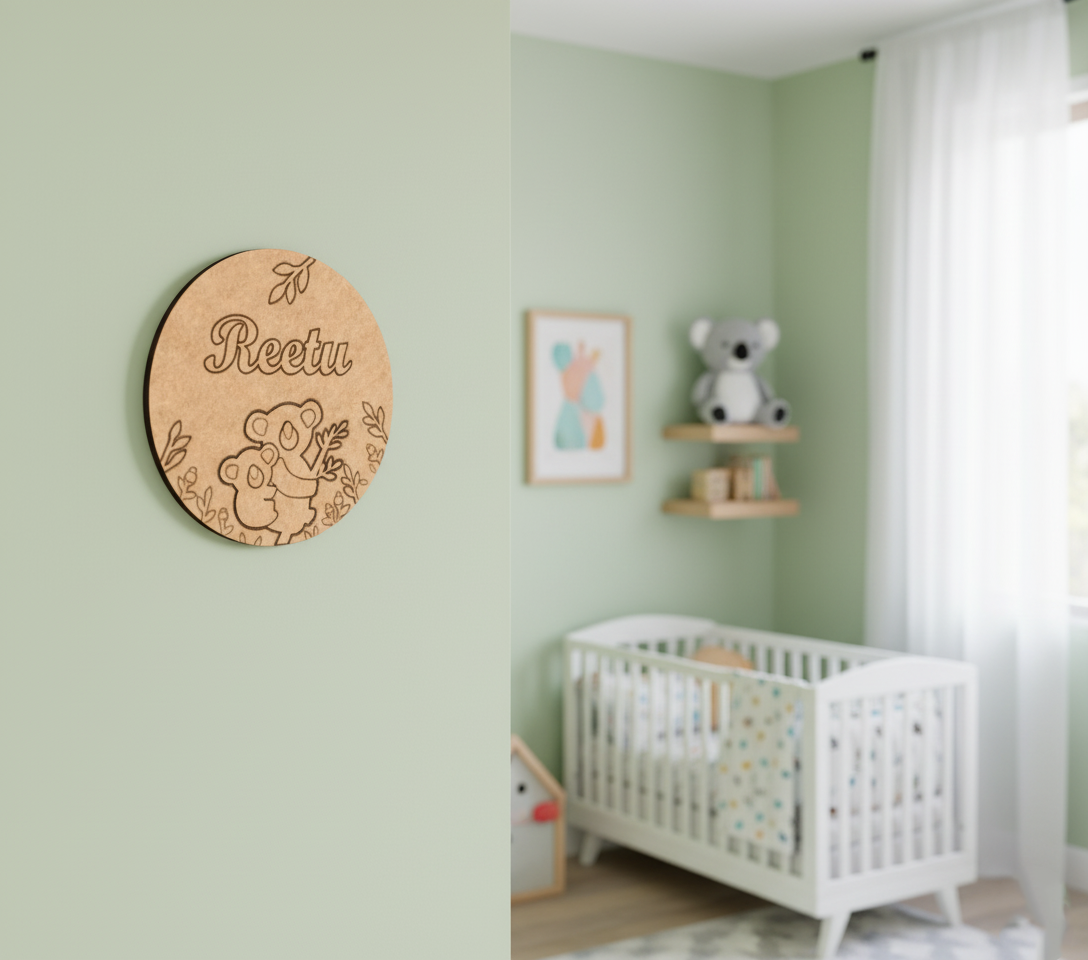 DIY MDF round name plate with engraved koala design and customized name Reetu unpainted.
