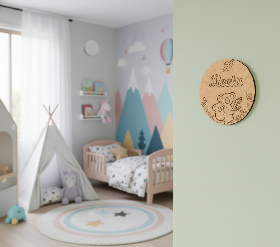 DIY MDF round name plate with engraved koala design and customized name Reetu unpainted.