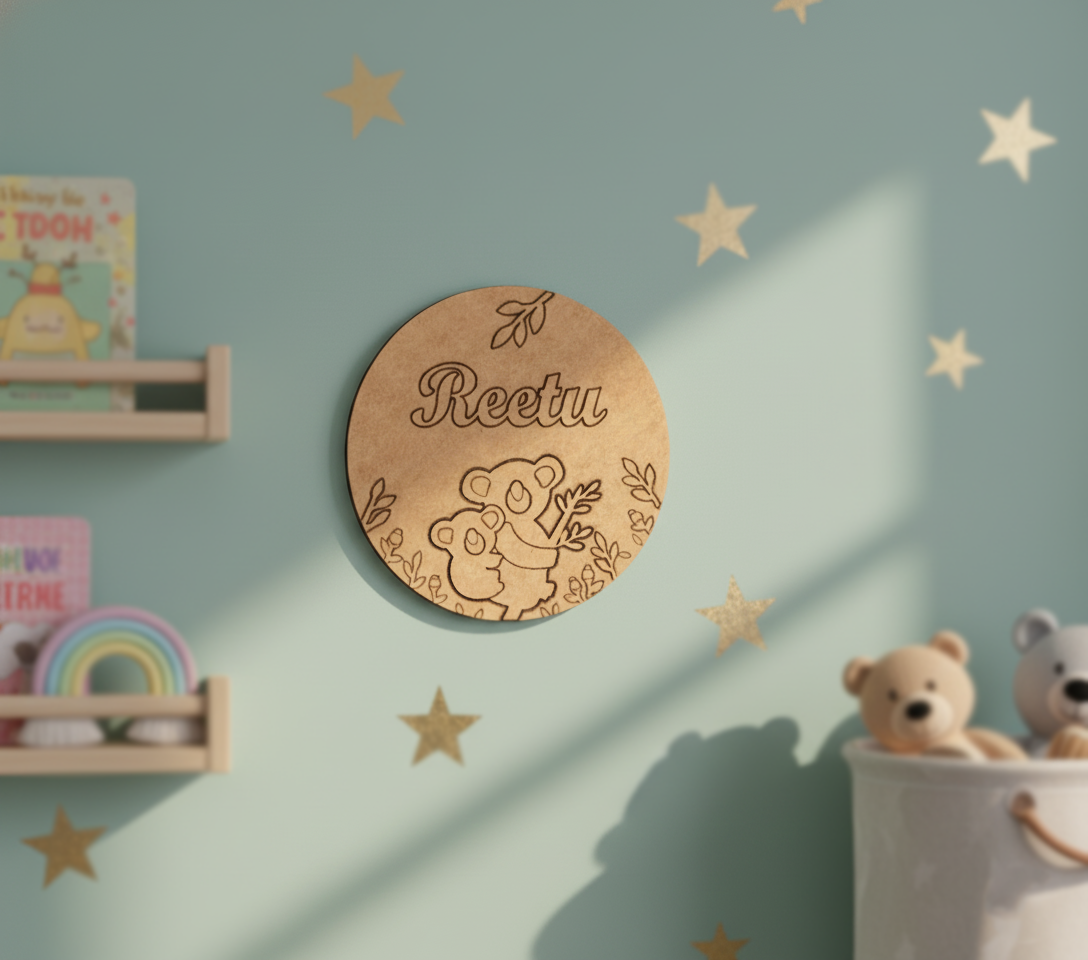 DIY MDF round name plate with engraved koala design and customized name Reetu unpainted.
