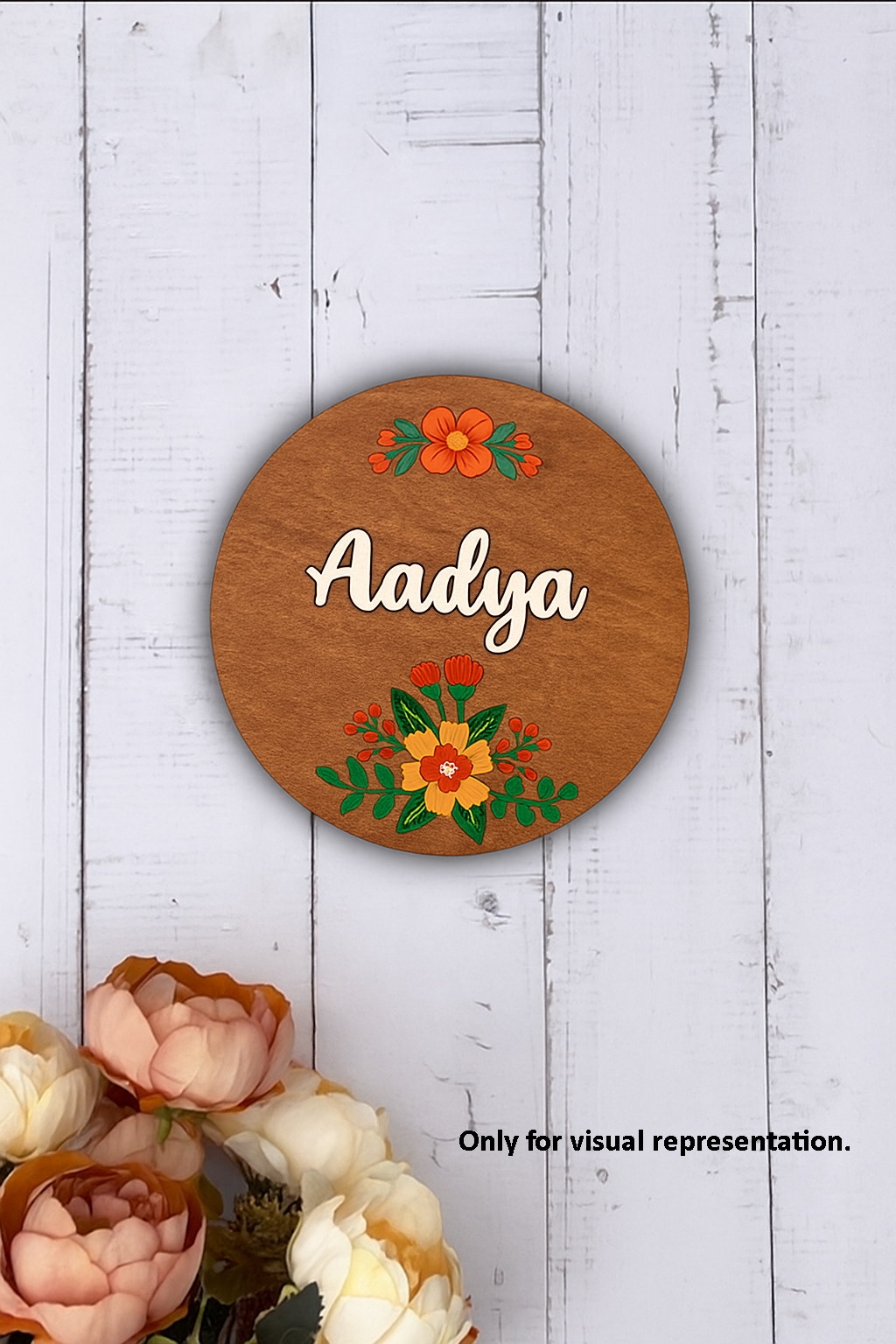 Personalized MDF floral name plate with engraved flowers and custom name