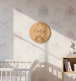 Personalized MDF floral name plate with engraved flowers and custom name unpainted.