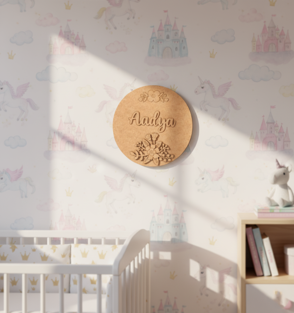 Personalized MDF floral name plate with engraved flowers and custom name unpainted.