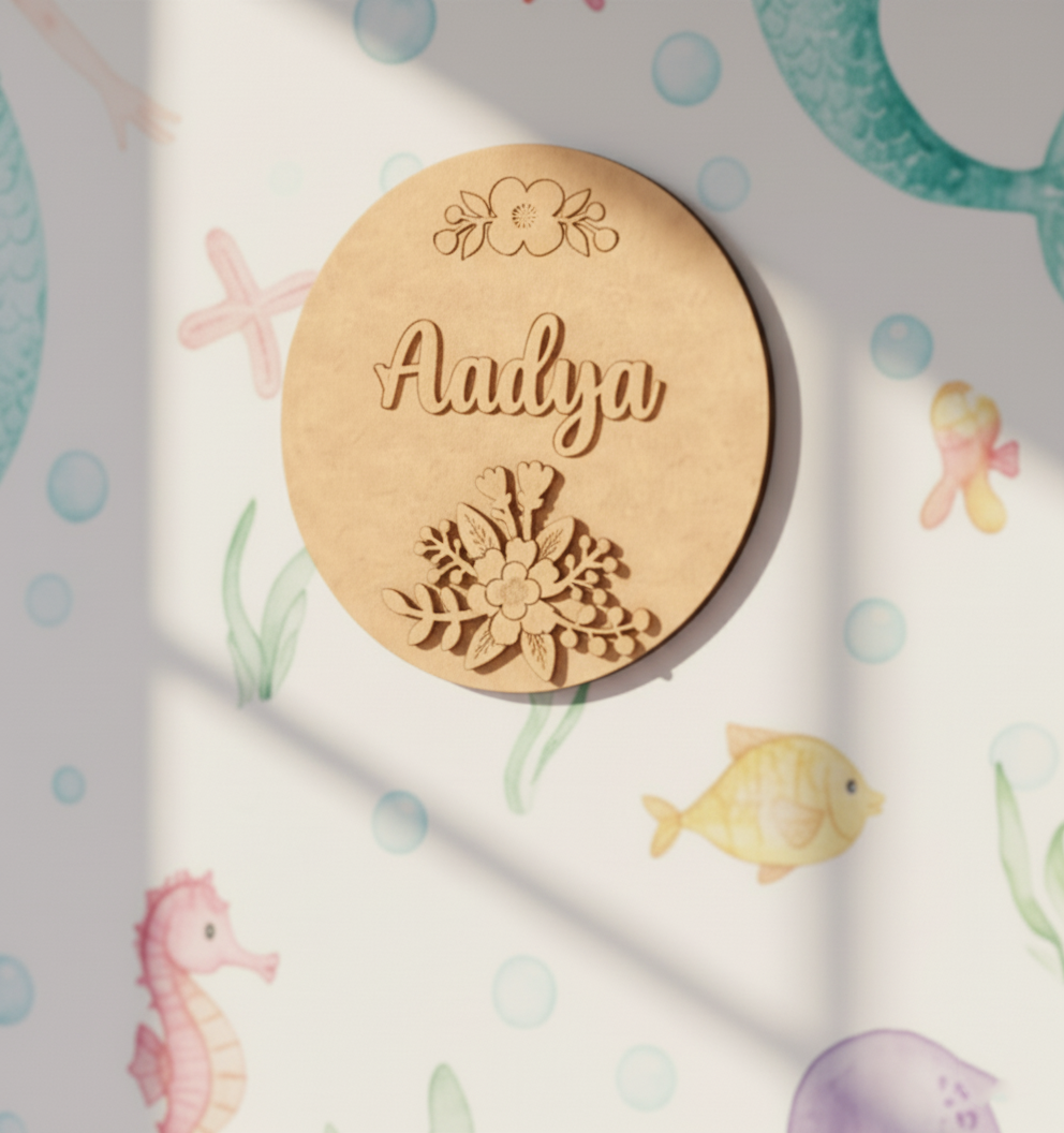 Personalized MDF floral name plate with engraved flowers and custom name unpainted.