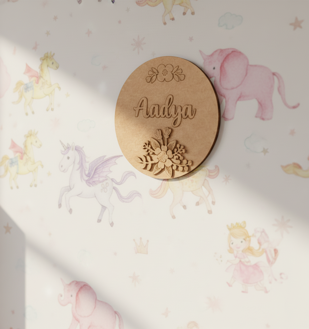 Personalized MDF floral name plate with engraved flowers and custom name unpainted.