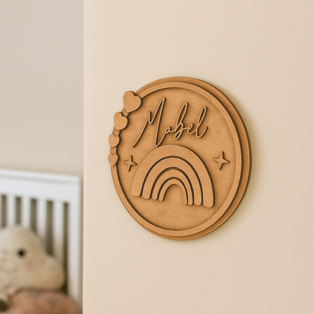 Engraved MDF Kids’ Name Plate with Rainbow Design – DIY Unpainted Version.