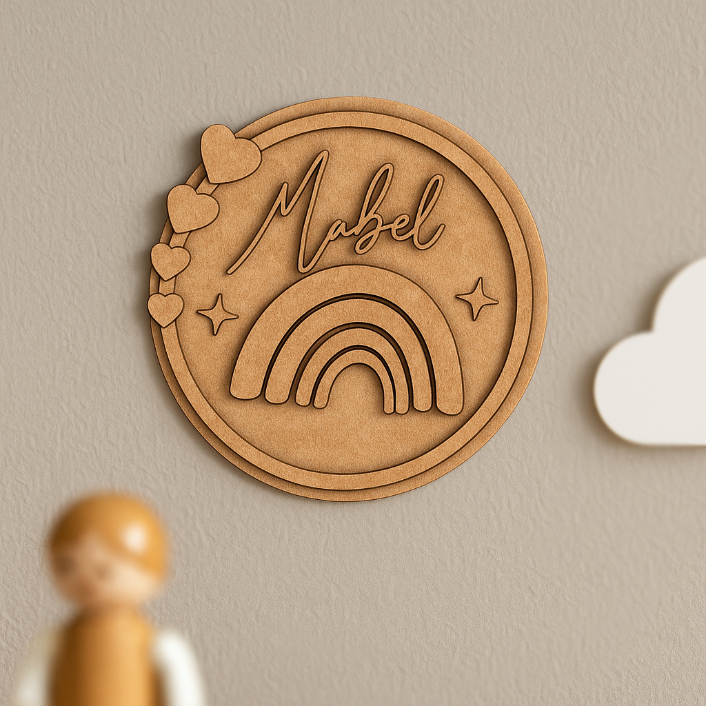Engraved MDF Kids’ Name Plate with Rainbow Design – DIY Unpainted Version.