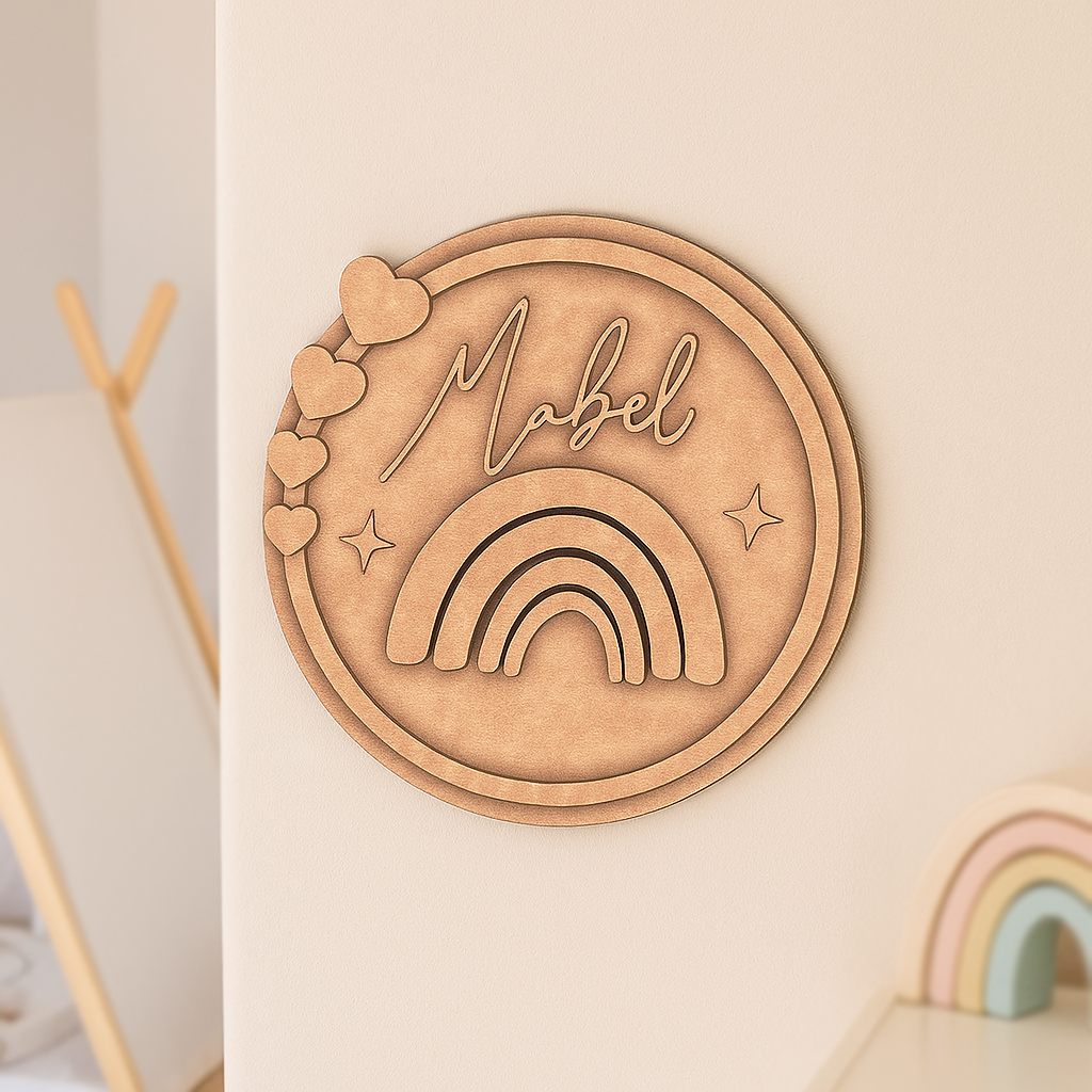 Engraved MDF Kids’ Name Plate with Rainbow Design – DIY Unpainted Version.