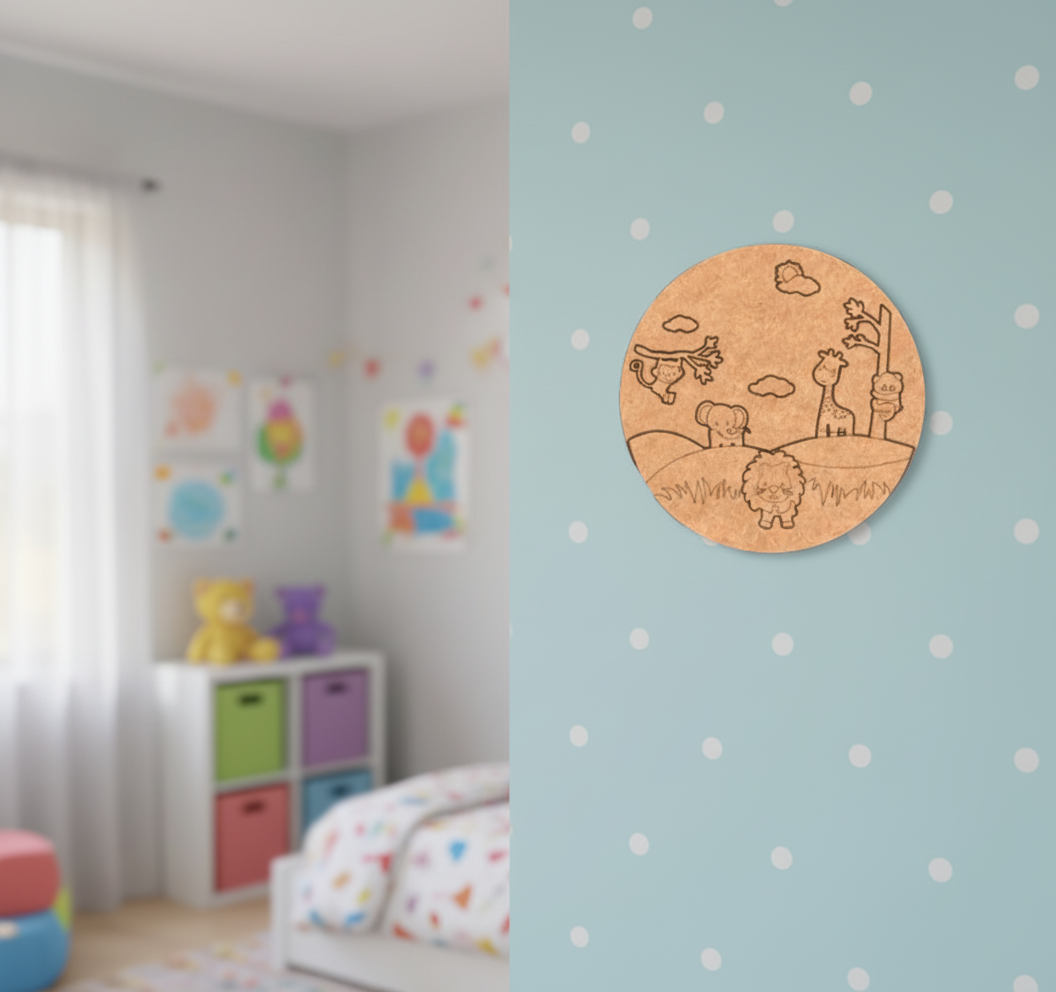 DIY Jungle Safari Theme MDF Name Plate with engraved animals unpainted.