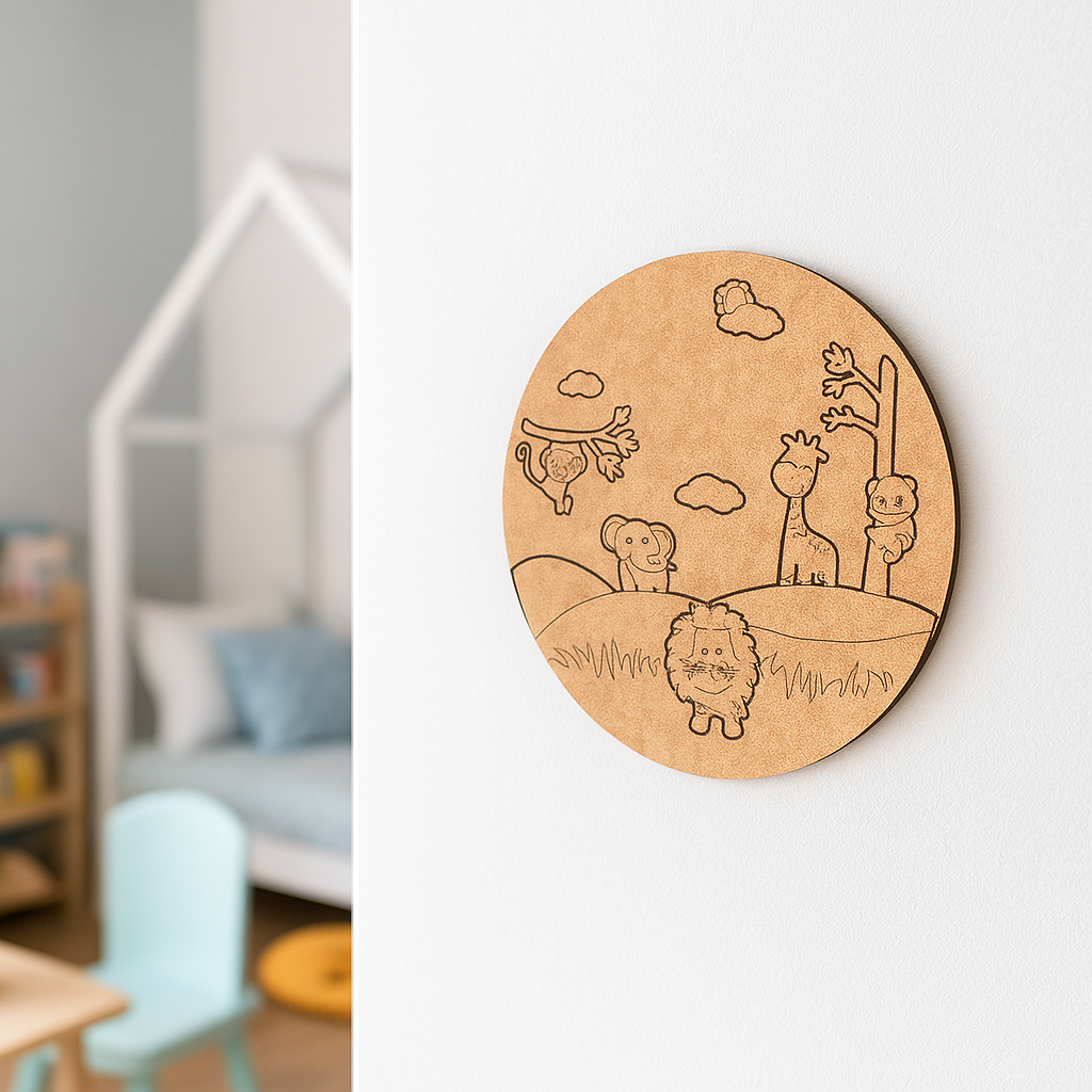 DIY Jungle Safari Theme MDF Name Plate with engraved animals unpainted.