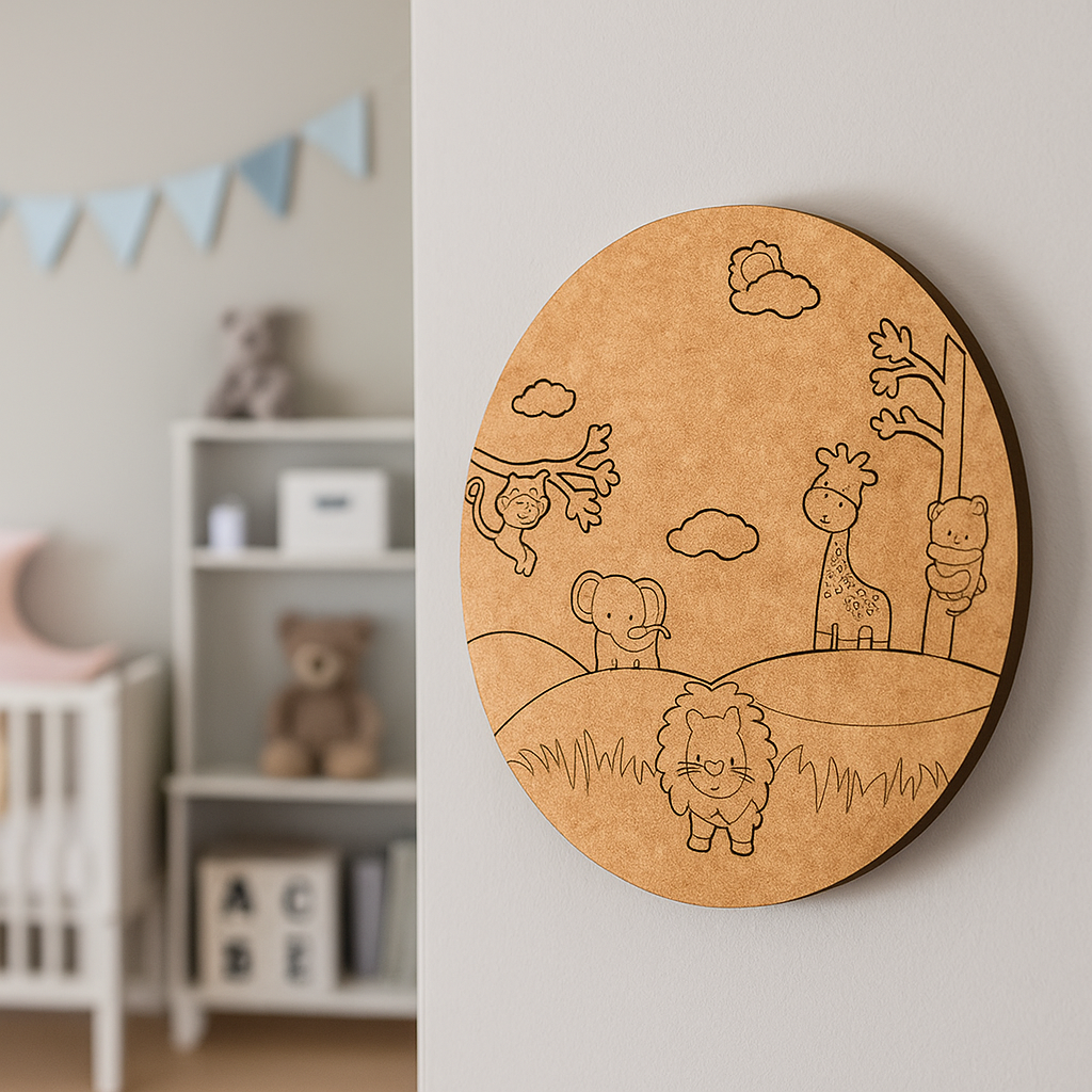 DIY Jungle Safari Theme MDF Name Plate with engraved animals unpainted.