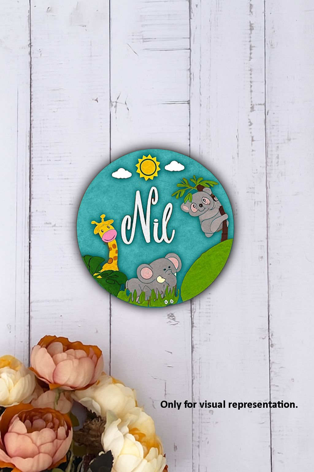 Personalized Jungle Safari MDF Name Plate for kids with engraved giraffe, elephant, and koala
