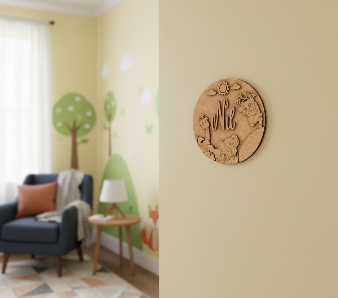 Personalized Jungle Safari MDF Name Plate for kids with engraved giraffe, elephant, and koala unpainted.