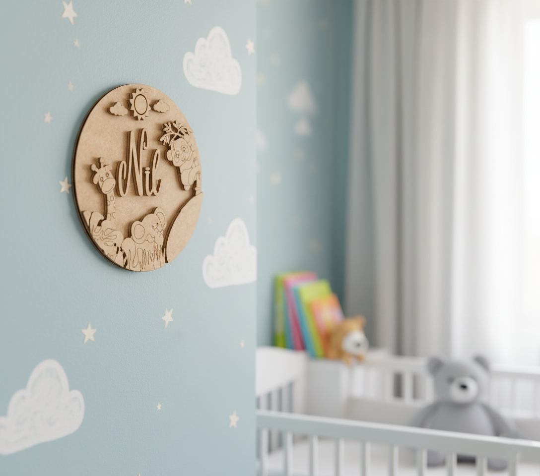 Personalized Jungle Safari MDF Name Plate for kids with engraved giraffe, elephant, and koala unpainted.