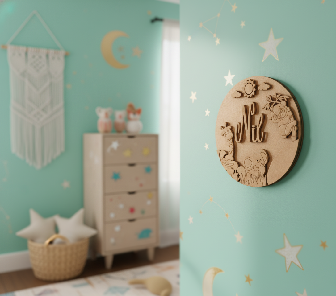 Personalized Jungle Safari MDF Name Plate for kids with engraved giraffe, elephant, and koala unpainted.