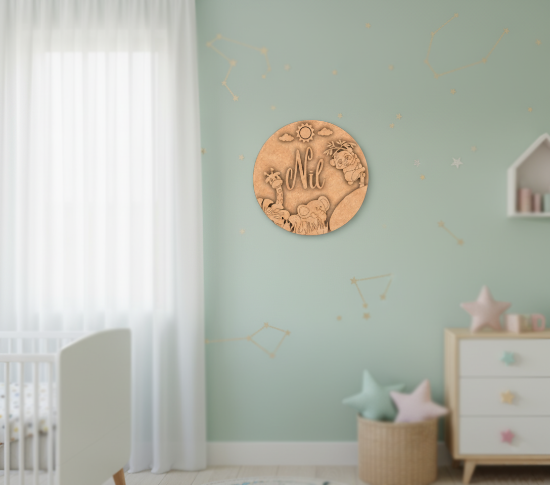 Personalized Jungle Safari MDF Name Plate for kids with engraved giraffe, elephant, and koala unpainted.