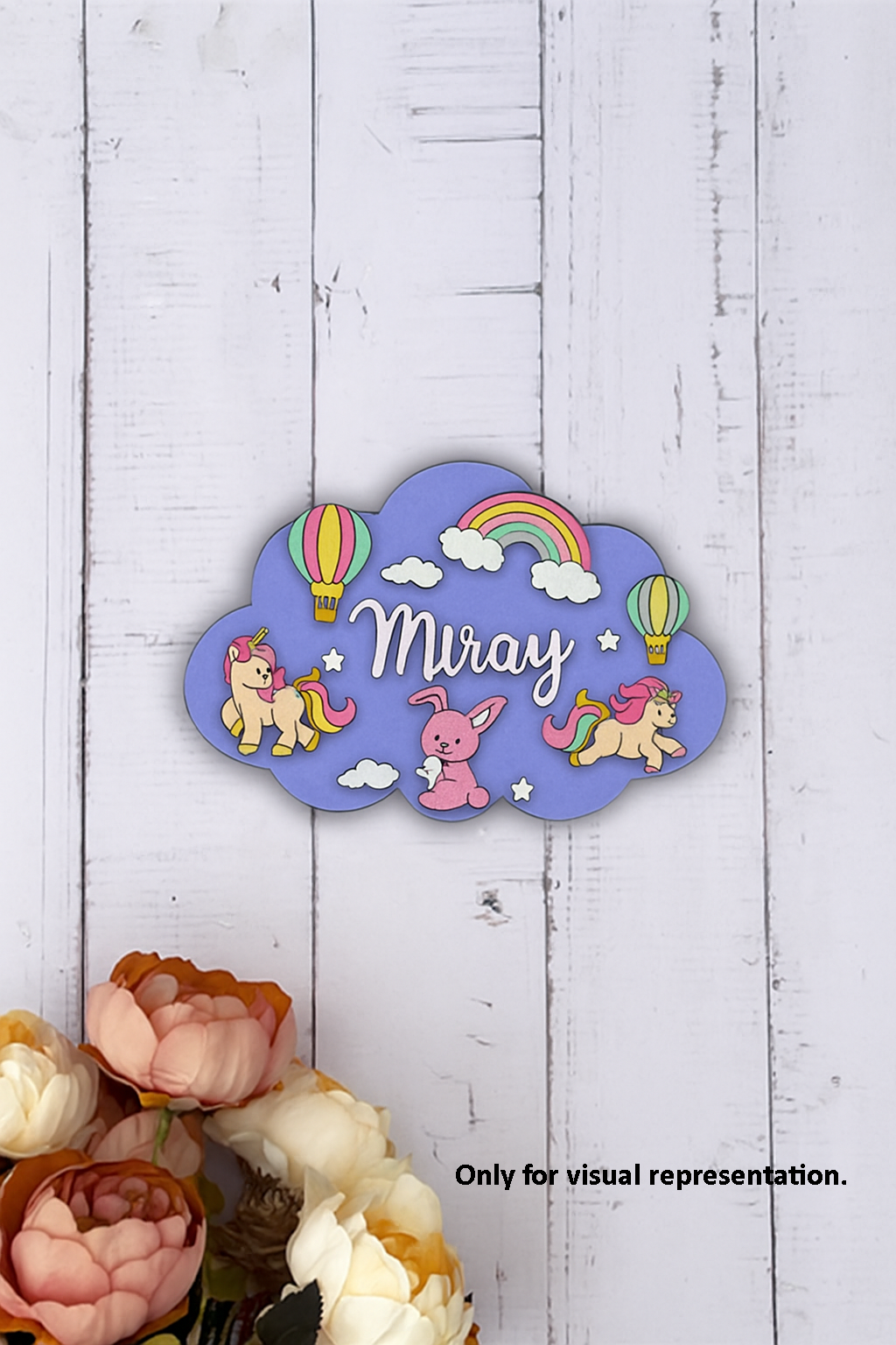 DIY Unicorn & Rainbow Cloud-Shaped MDF Kids Name Plate with engraved unicorns, balloons, rainbow, stars, and name space