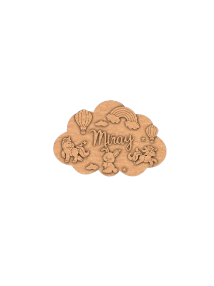 DIY Unicorn & Rainbow Cloud-Shaped MDF Kids Name Plate with engraved unicorns, balloons, rainbow, stars, and name space unpainted