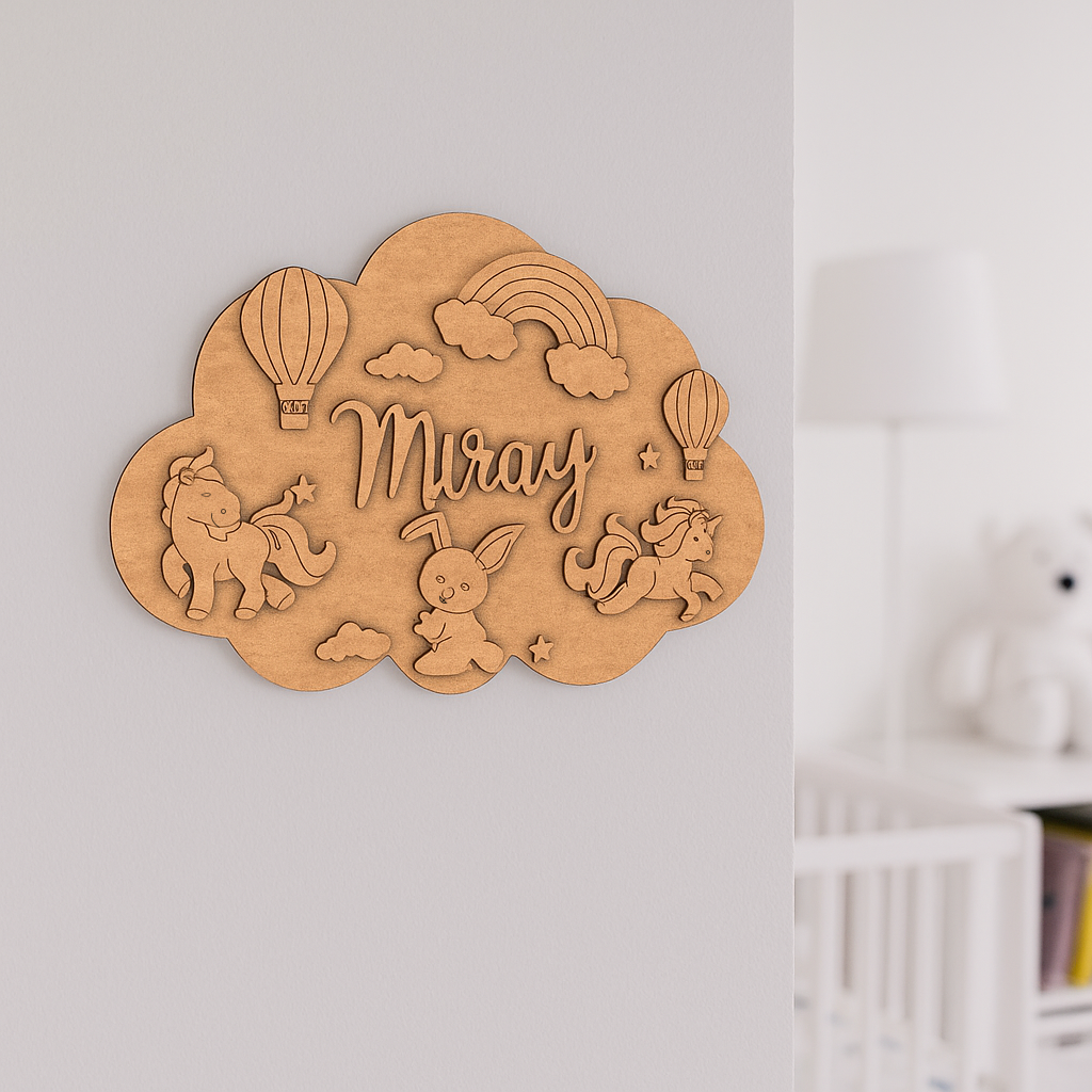 DIY Unicorn & Rainbow Cloud-Shaped MDF Kids Name Plate with engraved unicorns, balloons, rainbow, stars, and name space unpainted.