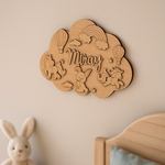 DIY Unicorn & Rainbow Cloud-Shaped MDF Kids Name Plate with engraved unicorns, balloons, rainbow, stars, and name space unpainted.