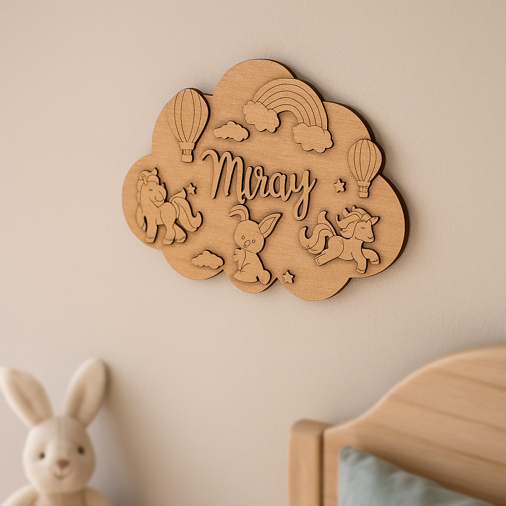 DIY Unicorn & Rainbow Cloud-Shaped MDF Kids Name Plate with engraved unicorns, balloons, rainbow, stars, and name space unpainted.