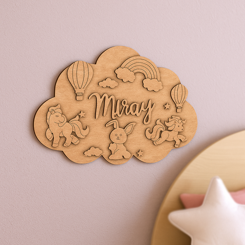 DIY Unicorn & Rainbow Cloud-Shaped MDF Kids Name Plate with engraved unicorns, balloons, rainbow, stars, and name space unpainted.