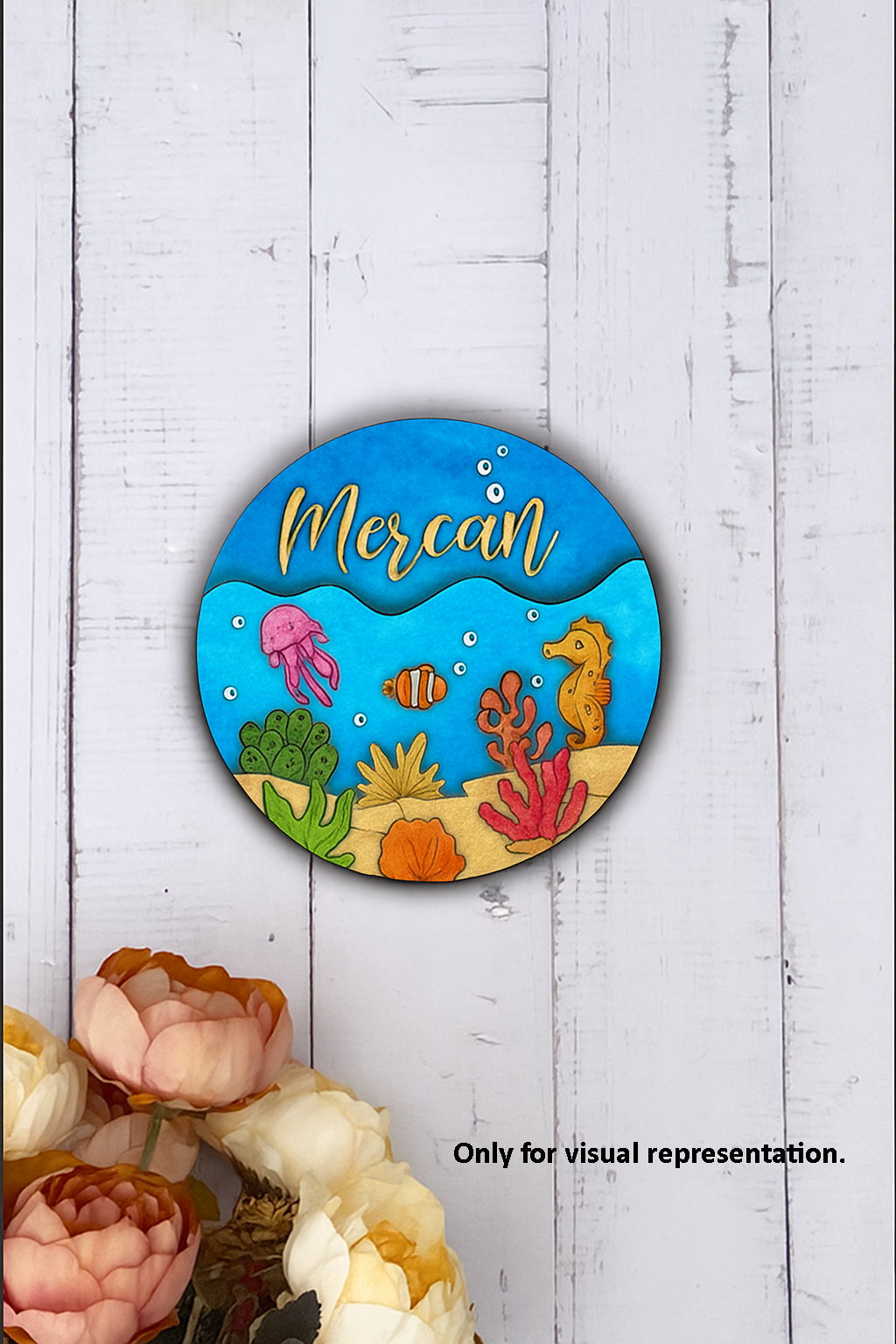 DIY MDF Kids Name Plate with Underwater Ocean Theme featuring seahorse, clownfish, jellyfish, corals 