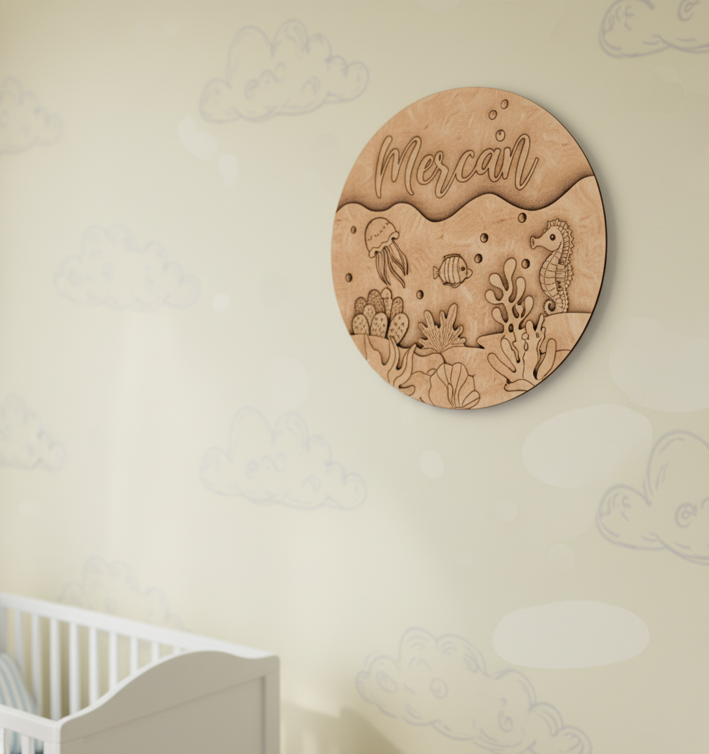 DIY MDF Kids Name Plate with Underwater Ocean Theme featuring seahorse, clownfish, jellyfish, corals unpainted.