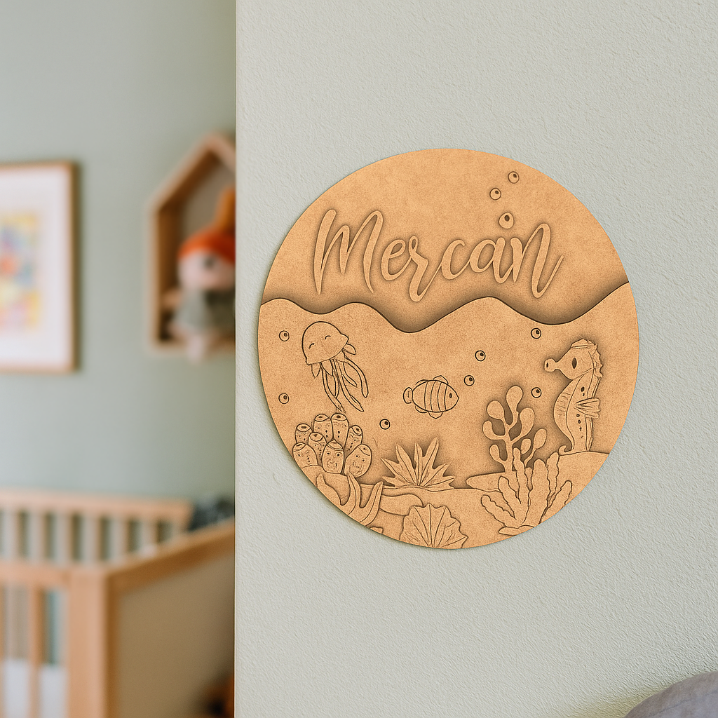 DIY MDF Kids Name Plate with Underwater Ocean Theme featuring seahorse, clownfish, jellyfish, corals unpainted.