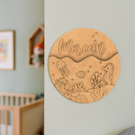 DIY MDF Kids Name Plate with Underwater Ocean Theme featuring seahorse, clownfish, jellyfish, corals unpainted.