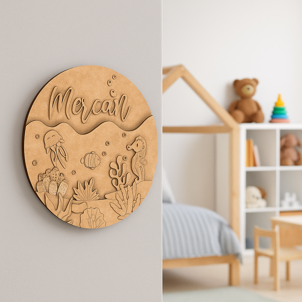 DIY MDF Kids Name Plate with Underwater Ocean Theme featuring seahorse, clownfish, jellyfish, corals unpainted.