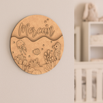 DIY MDF Kids Name Plate with Underwater Ocean Theme featuring seahorse, clownfish, jellyfish, corals unpainted.