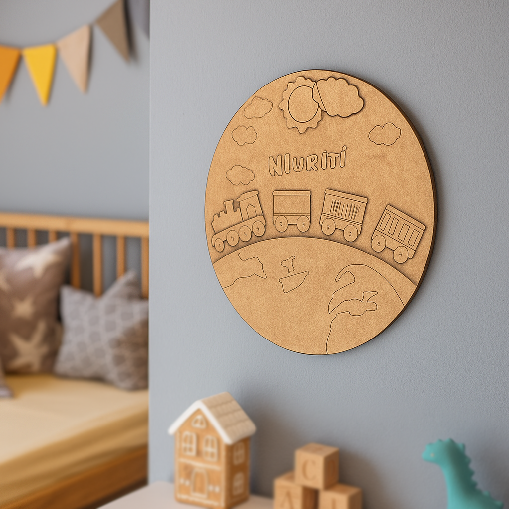 Plain pre-marked MDF base with engraved train design for DIY painting.