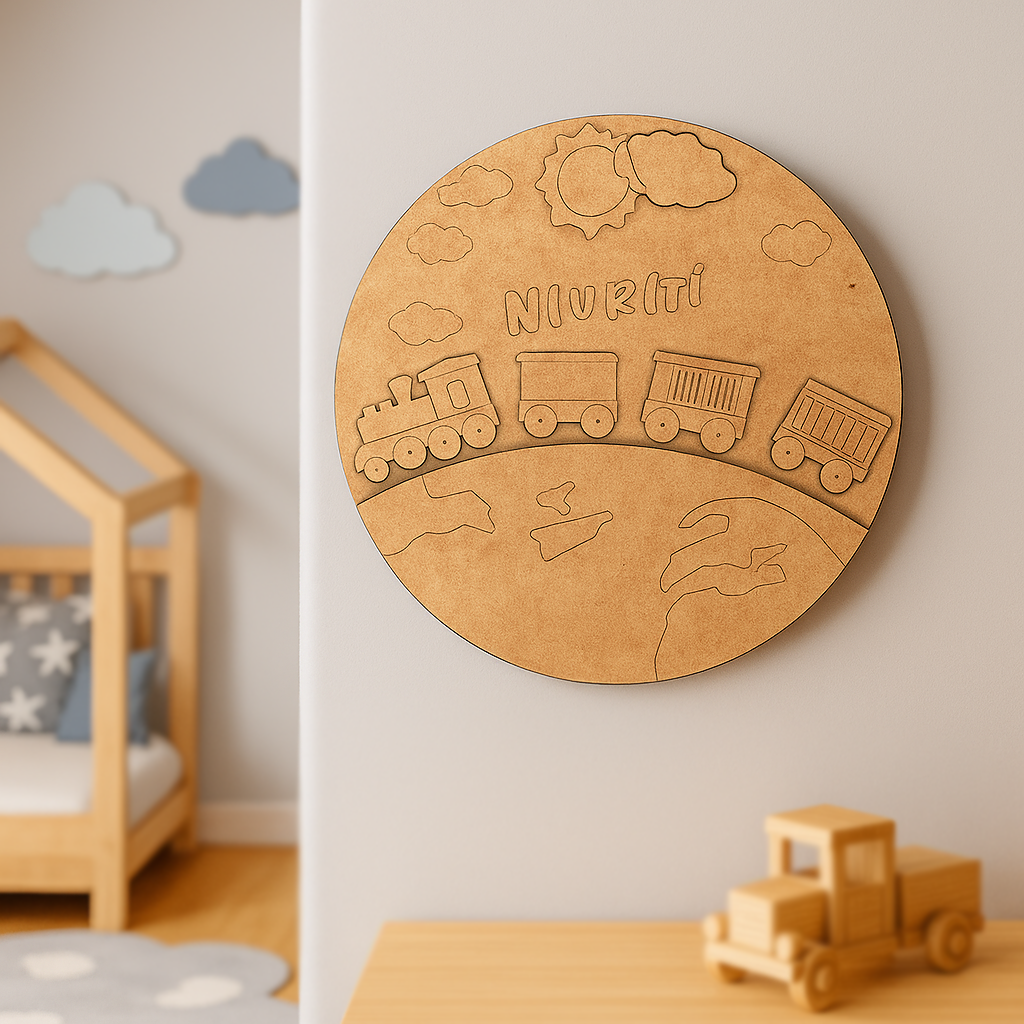 Plain pre-marked MDF base with engraved train design for DIY painting.