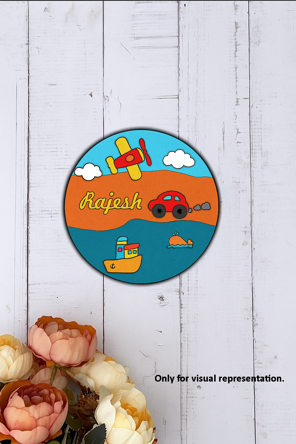 Personalized MDF Kids Name Plate with car, airplane, and ship design – customizable with name