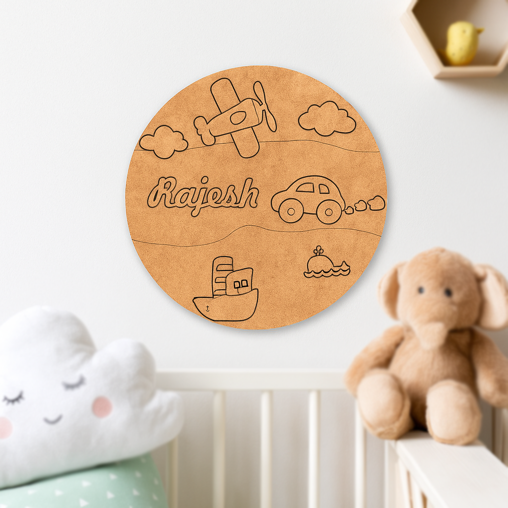 Personalized MDF Kids Name Plate with car, airplane, and ship design – customizable with name, DIY painting option.