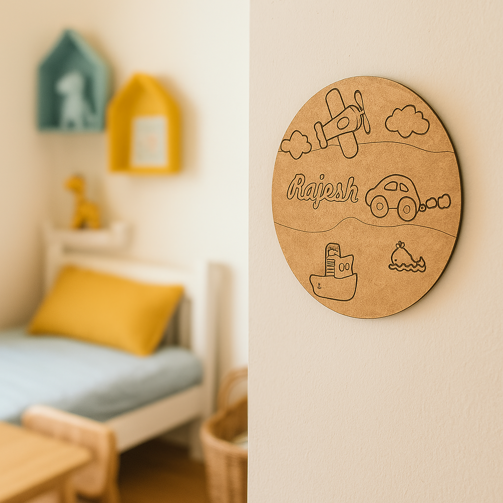 Personalized MDF Kids Name Plate with car, airplane, and ship design – customizable with name, DIY painting option.