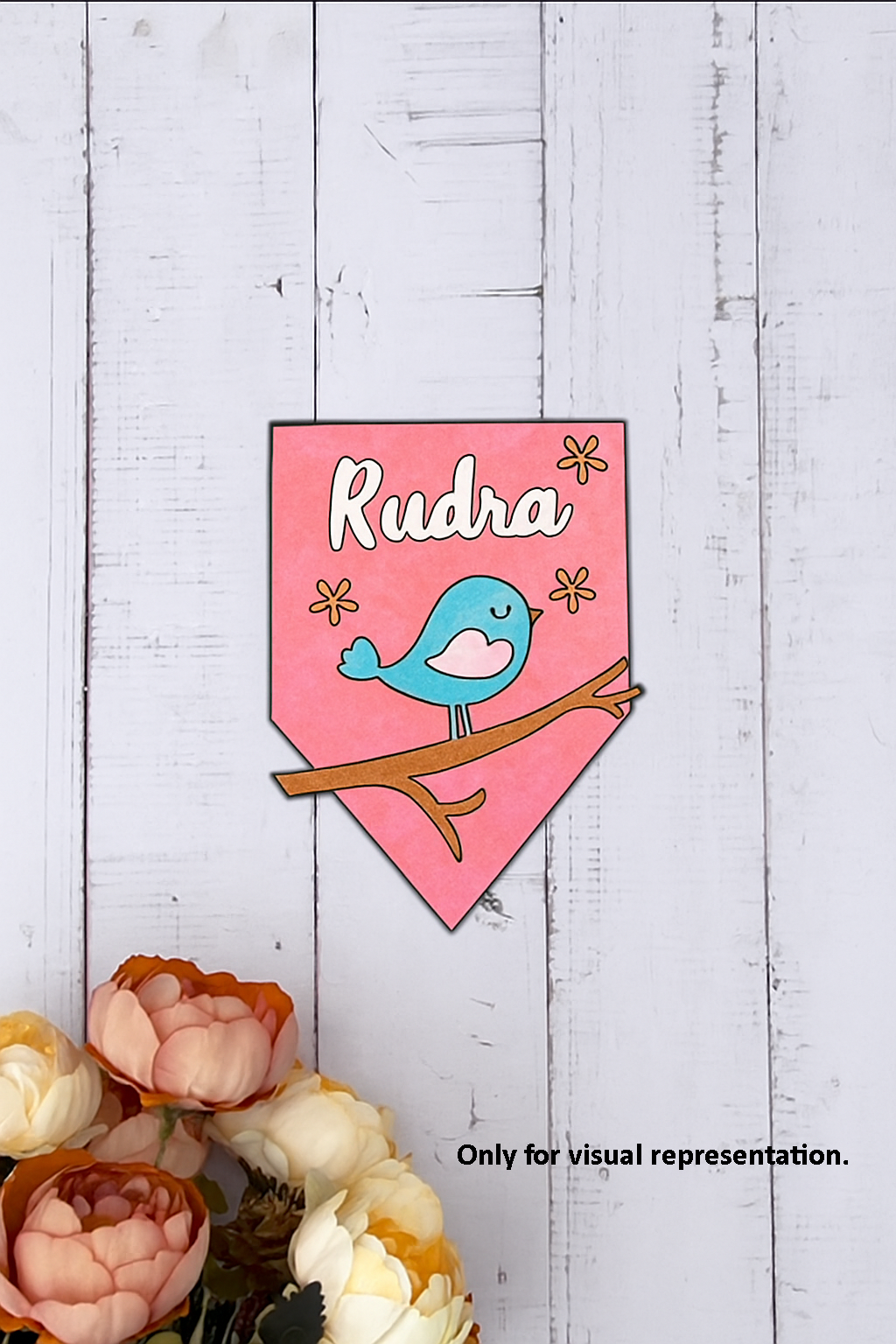 DIY MDF name plate with engraved bird on branch and floral design, customizable with name Rudra