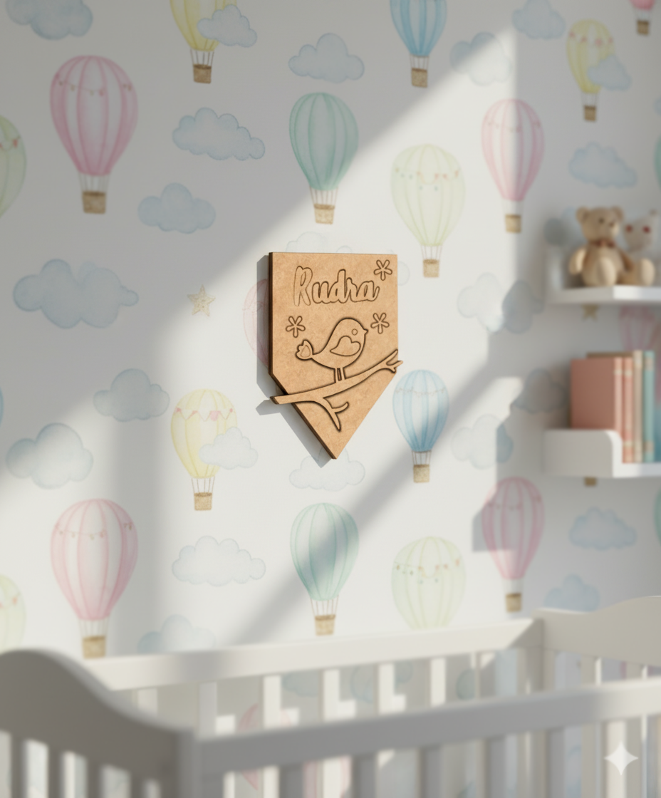 DIY MDF name plate with engraved bird on branch and floral design, customizable with name Rudra unpainted.