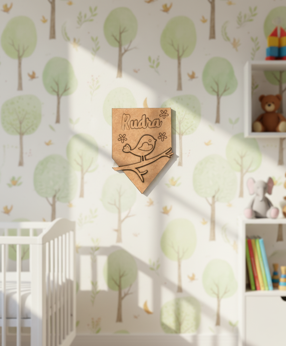 DIY MDF name plate with engraved bird on branch and floral design, customizable with name Rudra unpainted.