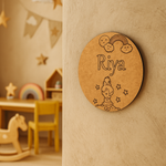 kids MDF name plate with cartoon fairy, rainbow, stars, and custom name engraving – ideal for kids’ room décor DIY.