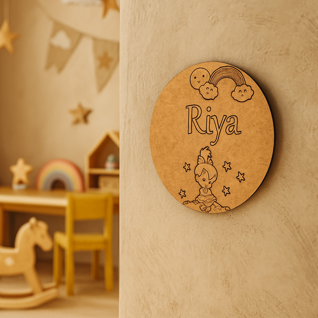 kids MDF name plate with cartoon fairy, rainbow, stars, and custom name engraving – ideal for kids’ room décor DIY.