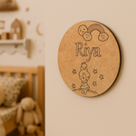 kids MDF name plate with cartoon fairy, rainbow, stars, and custom name engraving – ideal for kids’ room décor DIY.