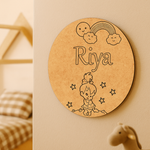 kids MDF name plate with cartoon fairy, rainbow, stars, and custom name engraving – ideal for kids’ room décor DIY.