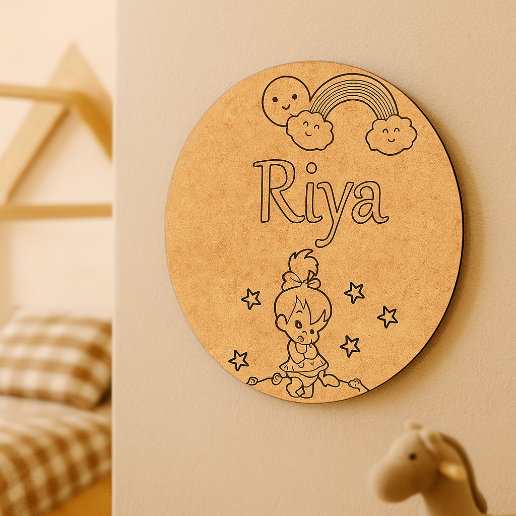 kids MDF name plate with cartoon fairy, rainbow, stars, and custom name engraving – ideal for kids’ room décor DIY.