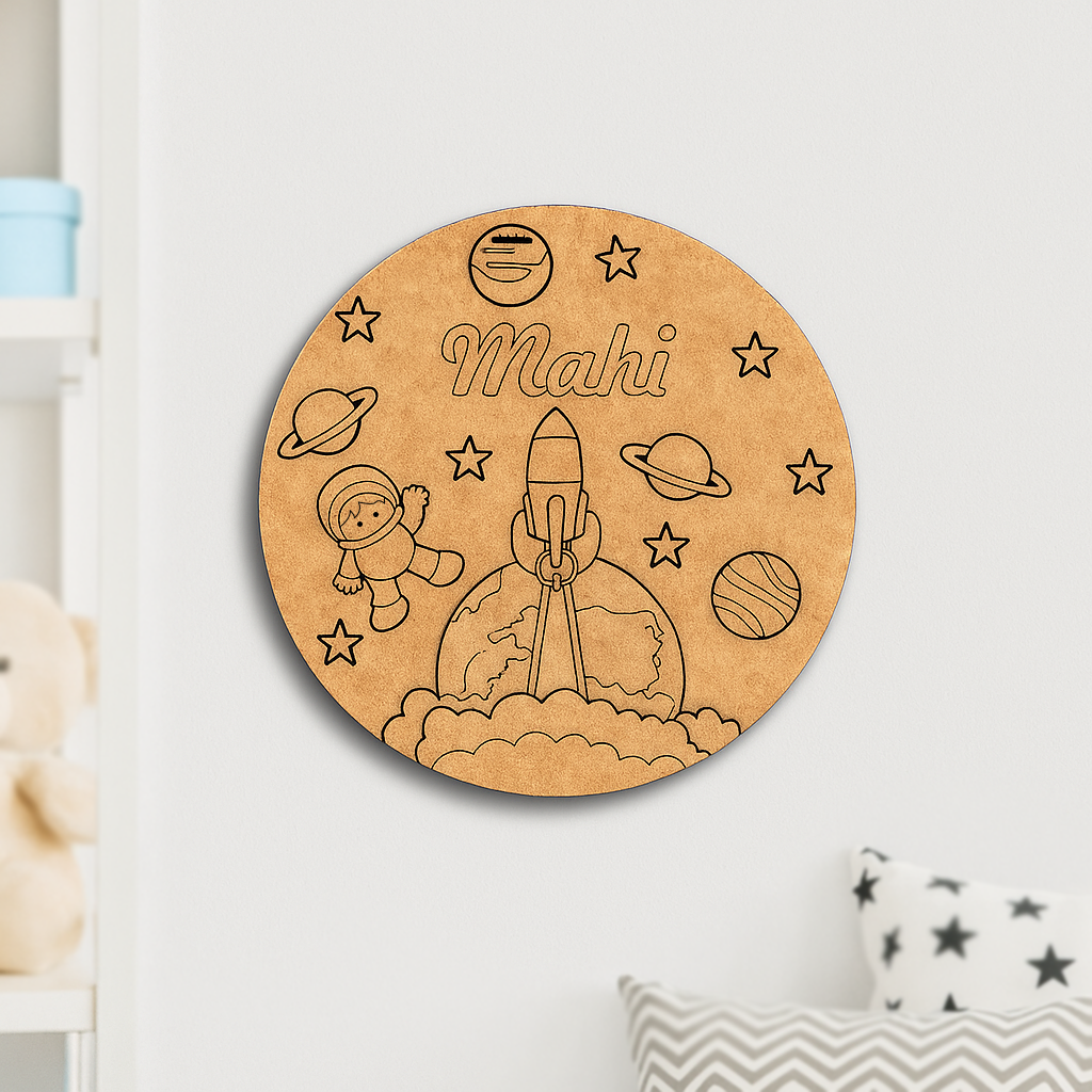 DIY MDF Rocket Launch Name Plate – Personalized Astronaut & Planets Engraved Craft Base for Kids uncoloured.