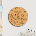 DIY MDF Rocket Launch Name Plate – Personalized Astronaut & Planets Engraved Craft Base for Kids uncoloured.