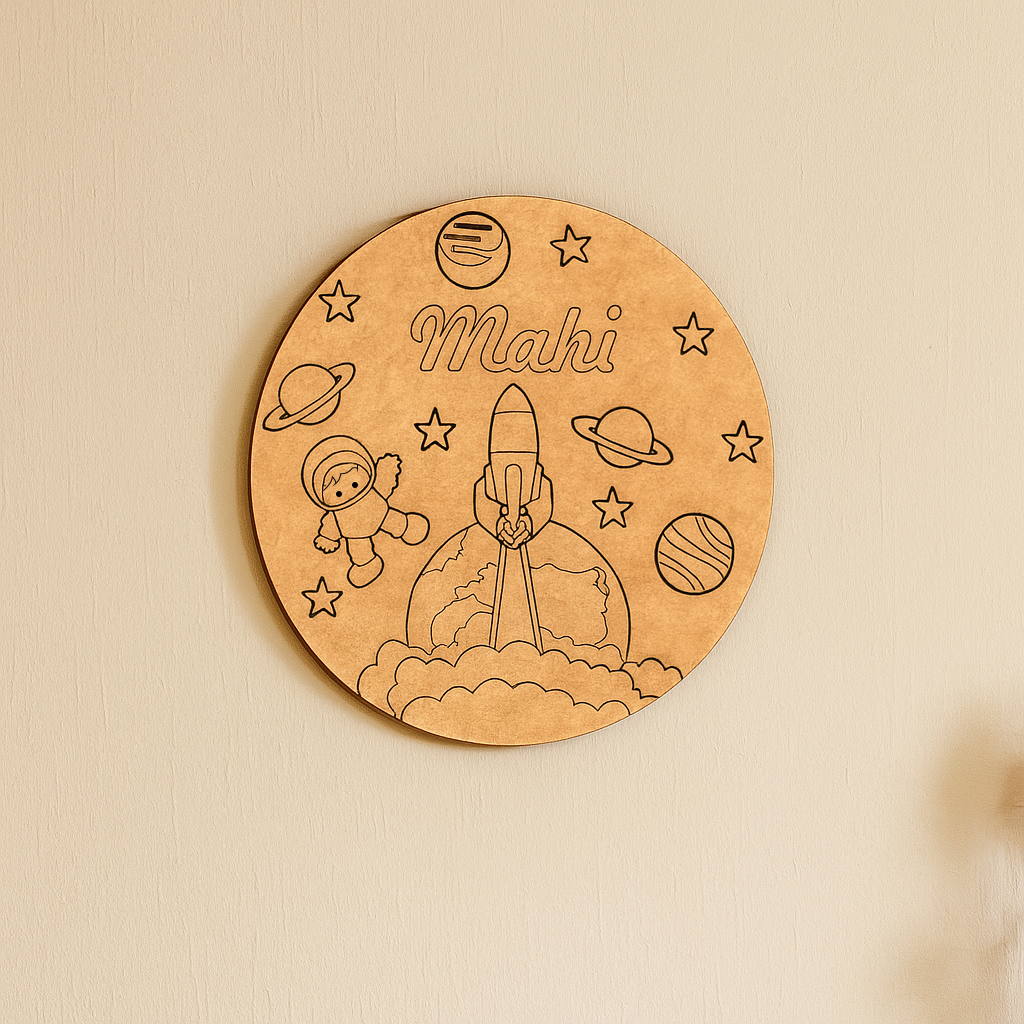 DIY MDF Rocket Launch Name Plate – Personalized Astronaut & Planets Engraved Craft Base for Kids uncoloured.