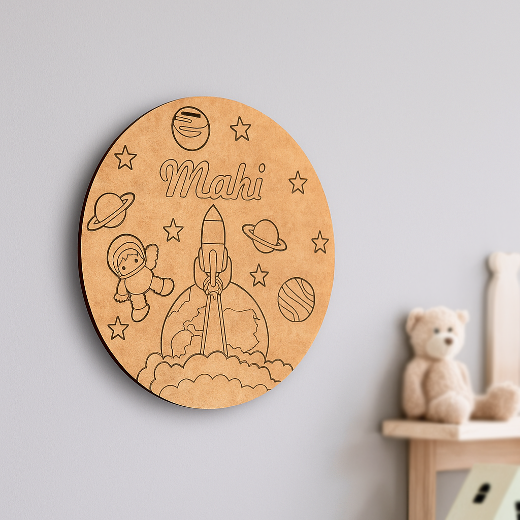 DIY MDF Rocket Launch Name Plate – Personalized Astronaut & Planets Engraved Craft Base for Kids uncoloured.