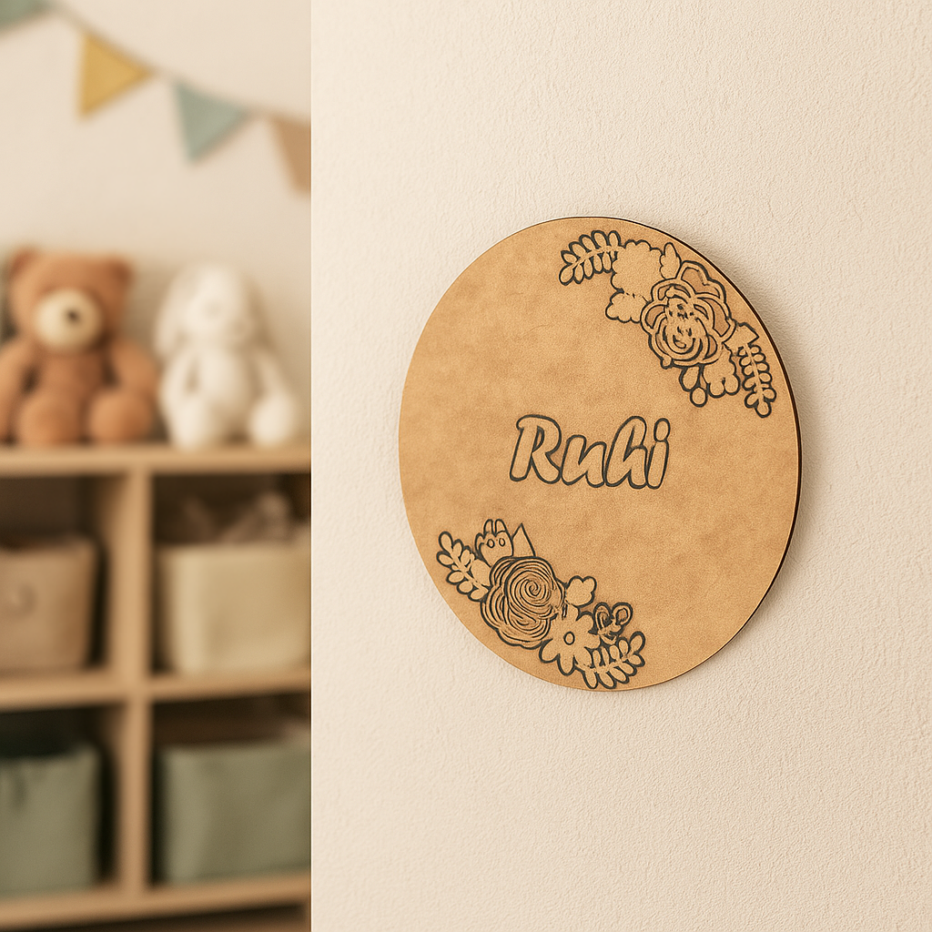 DIY MDF Floral Frame Name Plate – Personalized Engraved Craft Base for Kids uncoloured.