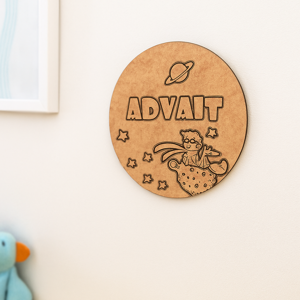 DIY MDF Space Theme Personalized Name Plate – Boy Sitting on Planet with Stars & Saturn uncoloured.